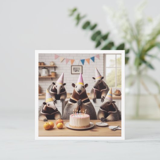 ケーキ祝と帽子を持つカモシカの誕生日 招待状 (スタンド正面)