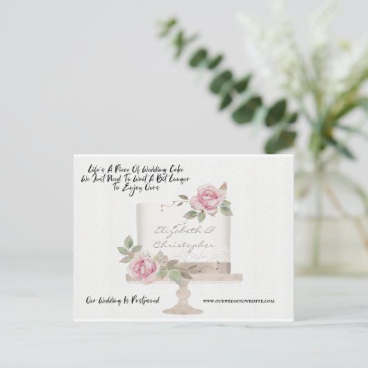 ケーキ結婚の日付おもしろいの変更が延期 ポストカード (スタンド正面)