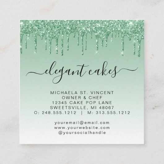 ケーキ結婚グリッタードリップミントグリーンベーカリー スクエア名刺 (裏面)
