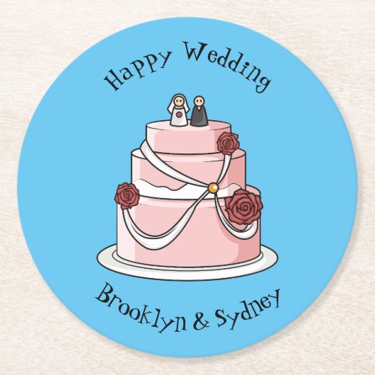 ケーキ結婚ー漫画イラストレーション ラウンドペーパーコースター (正面)