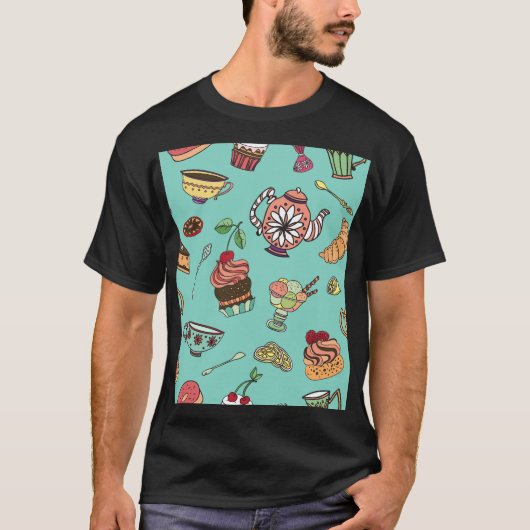 ケーキ菓子：ヴィンテージシームレスパターン Tシャツ (正面)