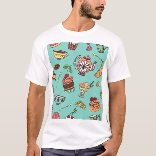 ケーキ菓子：ヴィンテージシームレスパターン Tシャツ (正面)