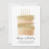 ケーキ誕生日招待状ガールズ、5番目の誕生日金ゴールド 招待状 (正面)