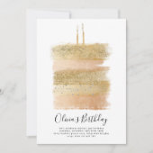 ケーキ誕生日招待状、ガールズセカンド誕生日金ゴールド 招待状 (正面)
