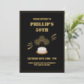ケーキ金ゴールド&ブラック50th誕生日パーティー 招待状 (スタンド正面)