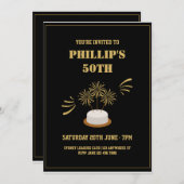 ケーキ金ゴールド&ブラック50th誕生日パーティー 招待状 (正面/裏面)