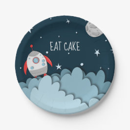 ケーキ食べー宇宙船ムーン宇宙誕生日 ペーパープレート
