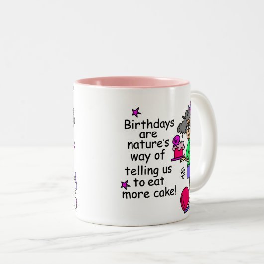 ケーキ食べ誕生日ユーモア ツートーンマグカップ (正面右)