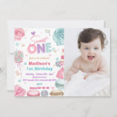 ケーキ1歳の誕生日パーティー お菓子が大好き！ 招待状 (正面)