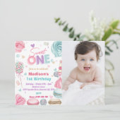 ケーキ1歳の誕生日パーティー お菓子が大好き！ 招待状 (スタンド正面)