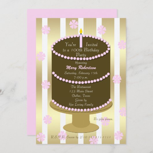 ケーキ100th誕生日パーティーへの招待ピンク 招待状 (正面/裏面)