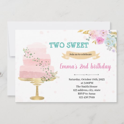 ケーキ2歳の誕生日パーティー招待状 招待状 (正面)