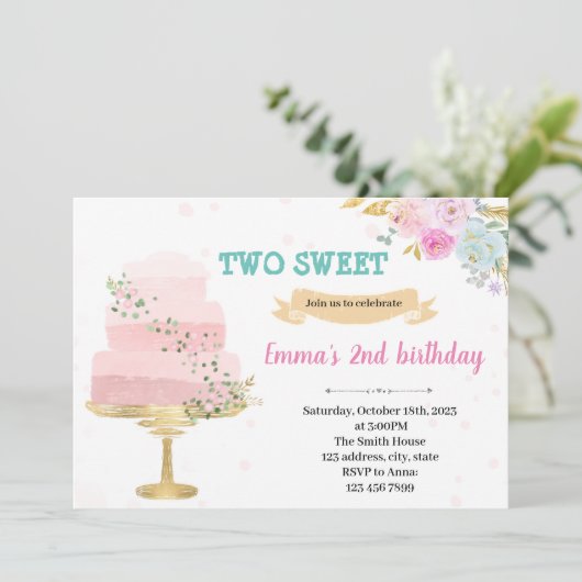 ケーキ2歳の誕生日パーティー招待状 招待状 (スタンド正面)