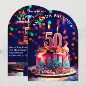 ケーキ、キャンドル、お祝い: 50歳の誕生日 招待状 (正面/裏面)