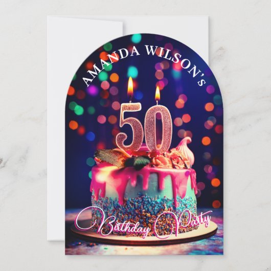 ケーキ、キャンドル、お祝い: 50歳の誕生日 招待状 (正面)