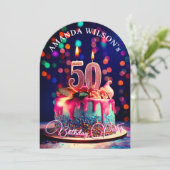 ケーキ、キャンドル、お祝い: 50歳の誕生日 招待状 (スタンド正面)