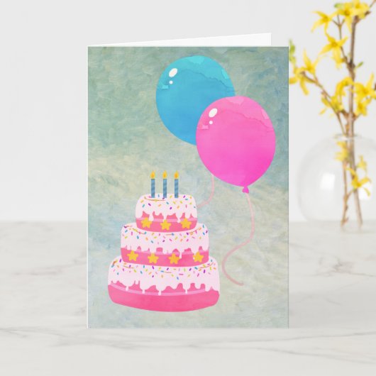 ケーキ、ギフト、風船、歌とハッピーバースデー カード (黄色い花)