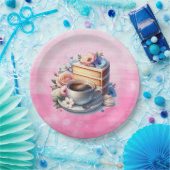 ケーキ、コーヒーと花のカップ ペーパープレート (パーティー)