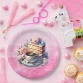 ケーキ、コーヒーと花のカップ ペーパープレート (パーティー)