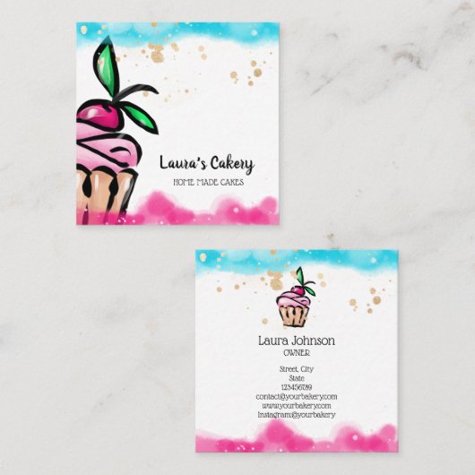 ケーキ&スイーツカップケーキホームベーカリーかわいいガーリー スクエア名刺 (正面/裏面)
