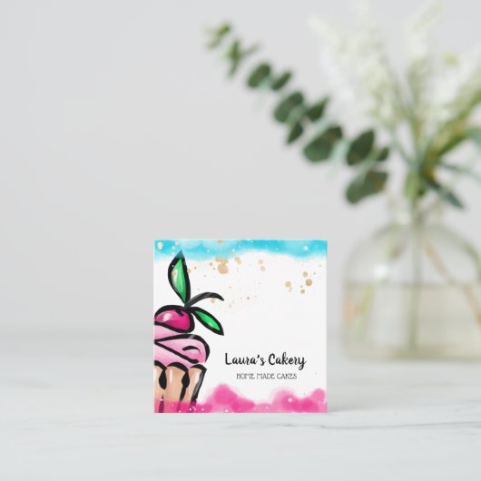 ケーキ&スイーツカップケーキホームベーカリーかわいいガーリー スクエア名刺 (スタンド正面)