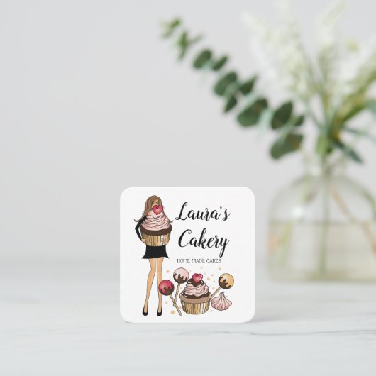 ケーキ&スイーツカップケーキホームベーカリーかわいい少女 スクエア名刺 (スタンド正面)