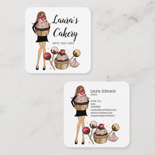 ケーキ&スイーツカップケーキホームベーカリーかわいい少女 スクエア名刺 (正面/裏面)