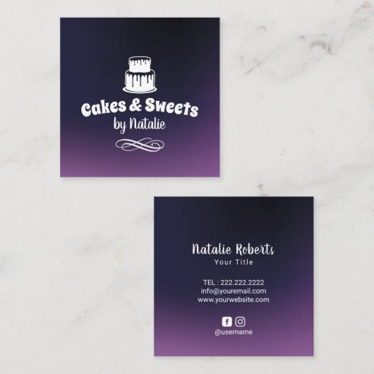 ケーキ&スイーツカップケーキホームベーカリーエレガントパープル スクエア名刺 (正面/裏面)