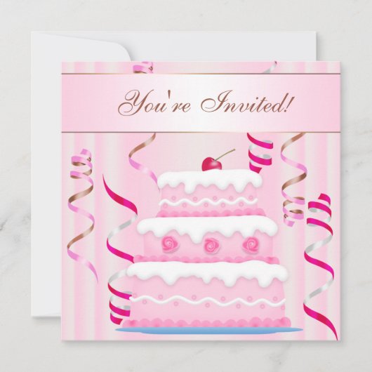 ケーキ&ストリーマーズ誕生日招待状 招待状 (正面)