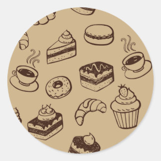 ケーキ、デザート及びベーカリー付き模様 ラウンドシール