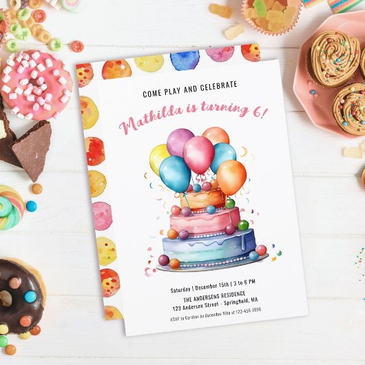 ケーキ バルーン レインボー 女の子 誕生日パーティー 招待状