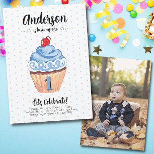 ケーキ ブルー 男の子 フォト 1歳 誕生日 パーティー 招待状