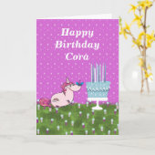 ケーキ&ユニコーンを持つ女性のお子様のための誕生日 カード (黄色い花)
