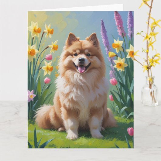 ケーシュンドの犬と春の花の絵 カード (黄色い花)