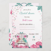 ケージのラブバードの花のウェディングシャワーの招待状 (正面/裏面)