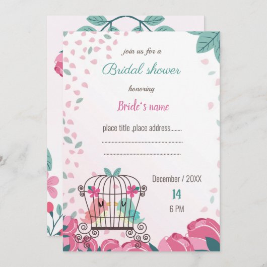 ケージのラブバードの花のウェディングシャワーの招待状 (正面/裏面)