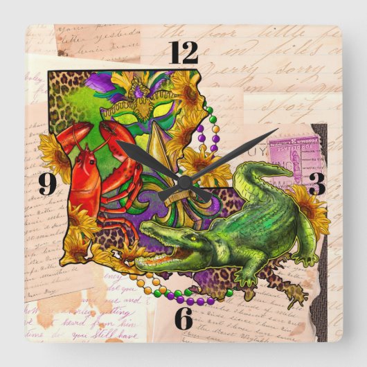 ケージャンルイジアナヴィンテージの地図 スクエア壁時計 (正面)