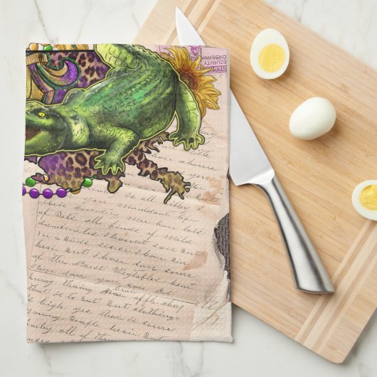 ケージャンルイジアナヴィンテージマップクロウフィッシュとアリゲーター キッチンタオル (四つ折り)