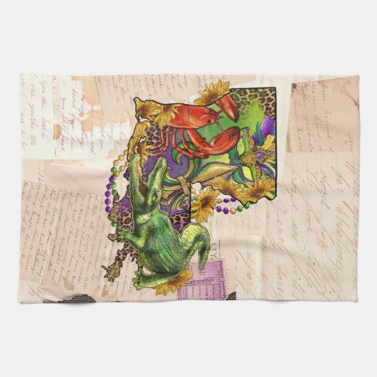 ケージャンルイジアナヴィンテージマップクロウフィッシュとアリゲーター キッチンタオル (横)