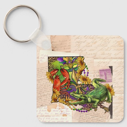 ケージャンルイジアナヴィンテージマップクロウフィッシュとアリゲーター キーホルダー (正面)