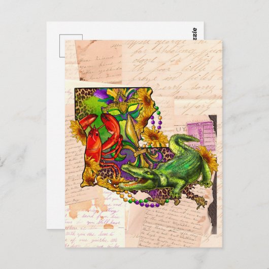 ケージャンルイジアナヴィンテージマップクロウフィッシュとアリゲーター ポストカード (正面/裏面)