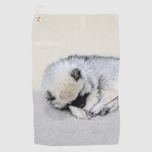 ケースホンドの仔犬の寝顔の絵画 オリジナル・ドッグアート ゴルフタオル