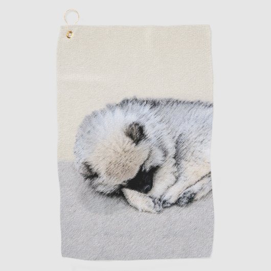 ケースホンドの仔犬の寝顔の絵画 オリジナル・ドッグアート ゴルフタオル (正面)