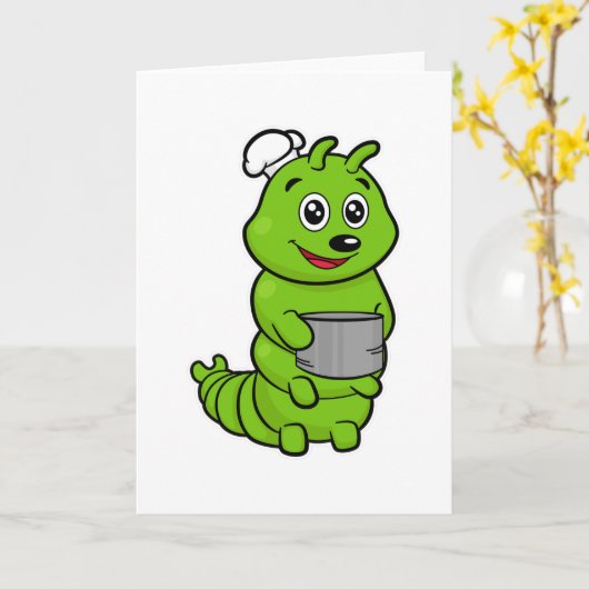 ケータリングの料理人としてのイモムシと調理鍋 カード (黄色い花)