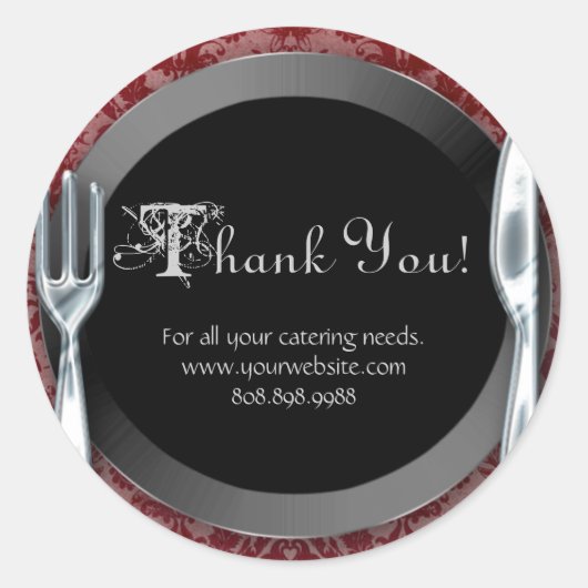 ケータリングサンキュースティッカーシルバーカトラリーレッド ラウンドシール (正面)