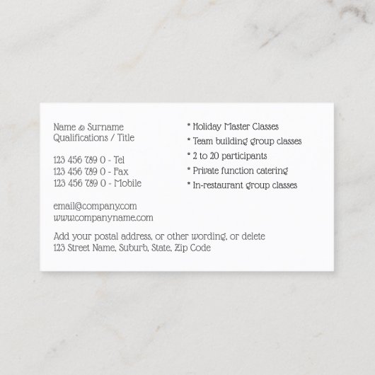 ケータリングシェフプロフェッショナル写真DIY料理クラス 名刺 (裏面)