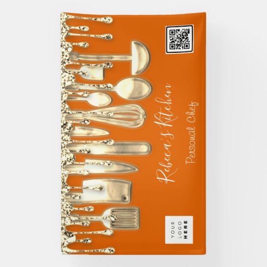 ケータリングパーソナルシェフキッチン金ゴールドQrロゴオレンジ 横断幕 (縦)