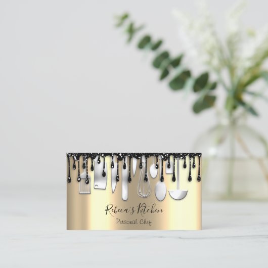ケータリングパーソナルシェフレストランドリップシルバーゴールド 名刺 (スタンド正面)