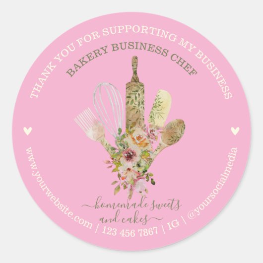 ケータリングベーカリーシェフ素朴ピンクかわいい ラウンドシール (正面)