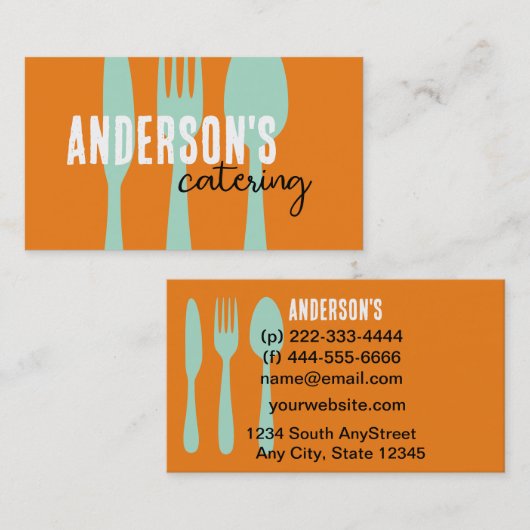 ケータリングモダンオレンジ及びティール(緑がかった色)カスタム 名刺 (正面/裏面)